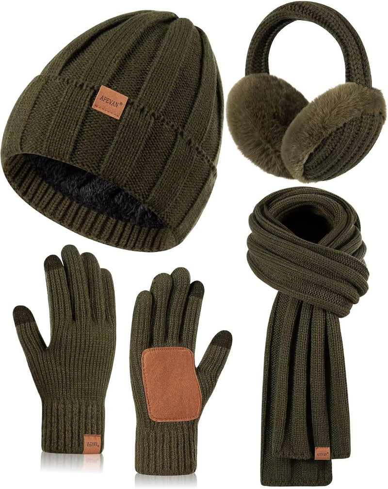 APEVAN Winter Hat Gloves Scarf Earmuffs Set for Women, Fleece Lined Beanie Long Scarf Touchscreen Gloves Ear Warmer, 4 in 1 Gift Set - Image 1